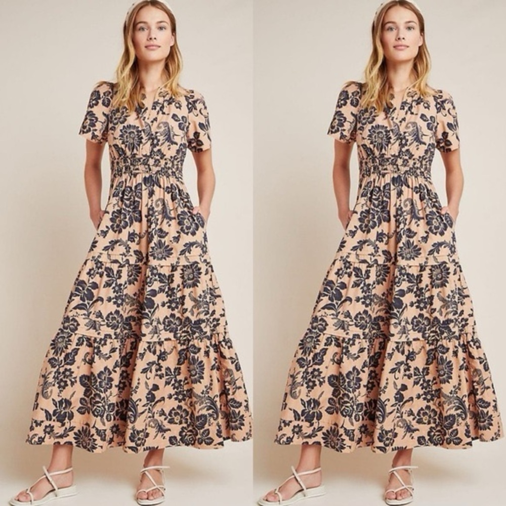 Anthropologie Somerset Maxi Dress in Blush with Navy Floral Print